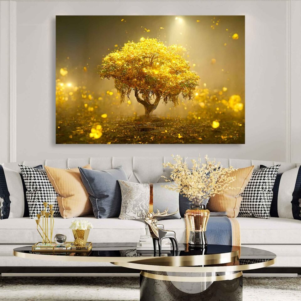 Serene Golden Tree - Wall Art - A Fantasy Illustration of a Beautiful Golden Tree. A Fantasy Illustration of a Beautiful Abstract Artwork and let the captivating imagery transport you to a realm of dreams and imagination. It serves as a visual escape, a place where you can find solace and inspiration amidst the hustle and bustle of everyday life.