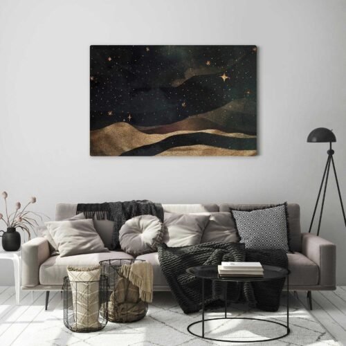 Journey to the Stars - Universe Art on Canvas Prints This enchanting artwork takes you on a whimsical adventure through the night sky, where stars twinkle like fairy lights, and the moon guides your path. The magical nightscape brings the allure of fairy tales, making it a delightful addition to any room.