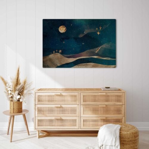 Moonlight Tales - Whimsical Nightscape on Canvas Prints. This captivating artwork unveils a magical world where the moonlight weaves enchanting tales across the dreamy nightscape. The twinkling stars and the whimsical ambiance creates a captivating nightscape that sparks the imagination and fills the heart with wonder.