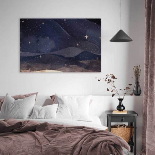 Dreamweaver's Sky - Universe Art on Canvas Prints. This captivating artwork unveils a world where dreams and reality merge and the night sky becomes a canvas for magical tales. The twinkling stars and the mystical ambiance creates a captivating nightscape that sparks the imagination and stirs the heart.