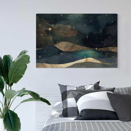 Moon's Serenade - Magical Sky Artwork on Canvas Prints. This captivating masterpiece invites you to immerse yourself in a symphony of celestial beauty, where the moon serenades the night sky with its ethereal glow. The twinkling stars and the whimsical ambiance create a captivating nightscape that sparks the imagination and stirs the soul.