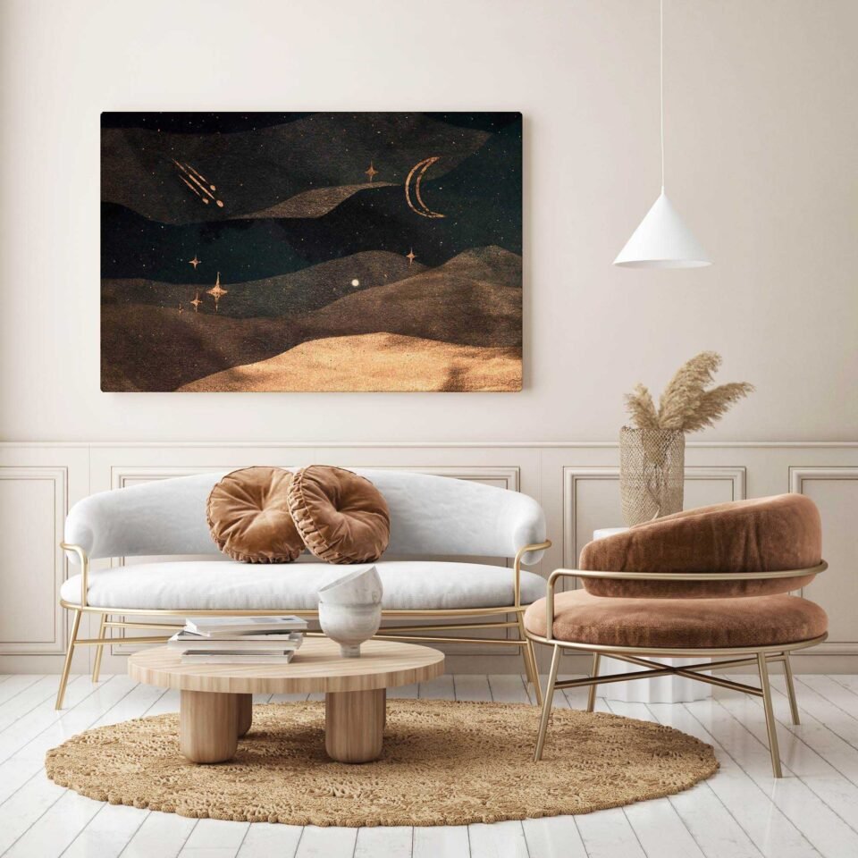 Nightfall Tales - Whimsical Nightscape on Canvas Prints This captivating artwork unveils a world where the night comes alive with magical tales, and the stars whisper secrets in the moonlit sky. The twinkling stars and the dreamy ambiance create a captivating nightscape that sparks the imagination and stirs the heart.