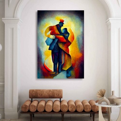 Love Chronicles - Abstract Art. This artwork masterfully blends abstract expressionism and cubism-inspired styles to convey the raw intensity of a couple deeply in love. The vibrant colours and intricate lines evoke the passionate energy that binds them together. Experience the dynamic energy of love through the artistic lens of abstract expressionism with this extraordinary canvas print.