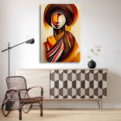 Essence of Heritage African Art - African Tribal Woman. This stunning canvas print showcases a mesmerizing portrait of the African woman, skillfully rendered in oil painting with a touch of digital art. The abstract style adds an element of mystery and fascination, reflecting the complexity and beauty of African heritage.