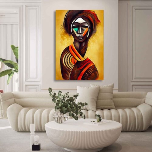 Ethnic Enigma - Abstract African Tribal Woman - African Art for Interior Decor. This captivating canvas print showcases a striking portrait of the African woman, artfully depicted in an abstract style that infuses her image with a sense of enigma and allure. The intricate patterns and vibrant colors pay homage to the cultural richness and heritage of African tribes, creating a captivating fusion of tradition and contemporary art.