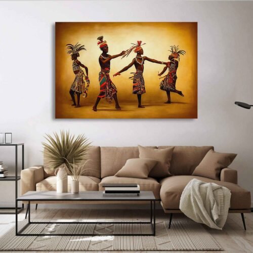 Rhythmic Reverie - Abstract Colorful African Tribal Dance - African Art On Canvas Prints. This striking artwork serves as a joyful celebration of African heritage and the power of dance to connect communities and evoke emotions. The abstract approach to the illustration adds a contemporary touch, infusing the artwork with a sense of modernity and creativity.