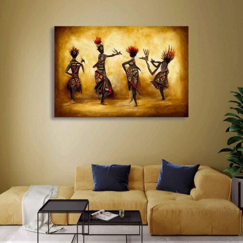 Rhythms of Heritage - Abstract African Tribal Dance - African Art Prints. In this captivating image, four indigenous people engage in a joyous dance, their movements exuding an infectious energy that transcends time and space. The abstract strokes and vivid colors create a dynamic and expressive composition, evoking the rhythm and vitality of the dance.