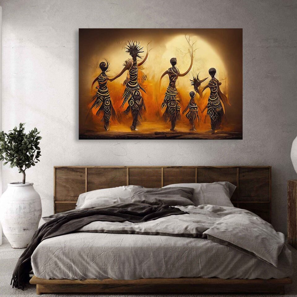 Rhythms of Tradition - Abstract African Tribal Dance - African Art on Canvas Prints. This captivating canvas print showcases a burst of colors and fluid movements, skillfully rendered in abstract oil painting with the dynamic touch of digital art. The artwork embodies the energy and spirit of traditional African dance, celebrating the rich cultural heritage of the continent.