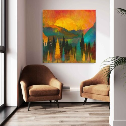 Golden Awakening - Sunrise Over Mountainous Pine - Landscape Wall Art In this stunning piece, a majestic landscape unfolds before your eyes as the sun's warm embrace illuminates towering trees and rugged mountains. The color palette of red, yellow, and orange hues creates a vivid and breathtaking scene that evokes the magic of dawn breaking over the horizon.