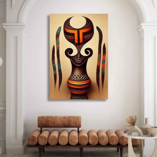 Vibrant Enigma - Colorful Mask - Abstract African Art. This stunning canvas print showcases a vibrant and enigmatic mask, skillfully brought to life with the rich textures and depth of oil painting, complemented by the dynamic flair of digital art. The abstract style adds an element of mystery, evoking the essence of African culture and artistry.
