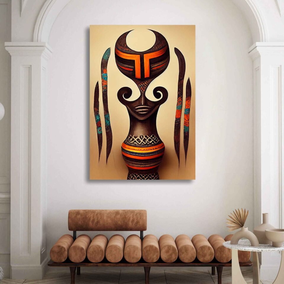 Vibrant Enigma - Colorful Mask - Abstract African Art. This stunning canvas print showcases a vibrant and enigmatic mask, skillfully brought to life with the rich textures and depth of oil painting, complemented by the dynamic flair of digital art. The abstract style adds an element of mystery, evoking the essence of African culture and artistry.