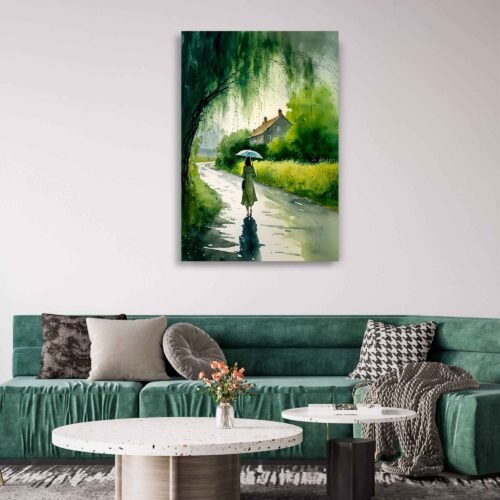 Willow Whispers - Rainy Afternoon on Canvas Prints. Embrace the allure of this Watercolor Artwork of a Rainy Afternoon and let its captivating beauty become a cherished centrepiece in your home. Immerse yourself in the soothing ambience of rain-kissed willow trees and the gentle rhythm of a hand-painted masterpiece, perfectly captured in this breathtaking canvas print.