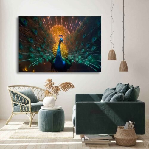 Elegant Peacock - Canvas Art Print. As you gaze upon the canvas, you'll be transported to a world where nature's artistry takes center stage. The intricate and vibrant patterns of peacock feathers unfurl in all their glory, creating a visual masterpiece that is both captivating and enchanting.