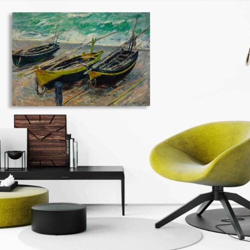 Three Fishing Boats by Claude Monet - Reproduction on Canvas Art Prints. This masterpiece is a stunning reproduction of one of Monet's iconic works, bringing the essence of Impressionism into your living space. Whether you're an art connoisseur or simply seeking to elevate your decor, this canvas print is a timeless addition that captures the spirit of Monet's genius.