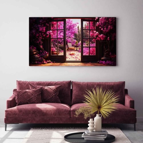 Garden Portal - Floral Wall Art. This captivating artwork blends abstract elements with a vibrant scene of a window and door surrounded by flowers, trees, and an imaginative garden. The colorful, fantastical backdrop creates a mesmerizing visual, perfect for adding nature's beauty and abstract allure to your space.