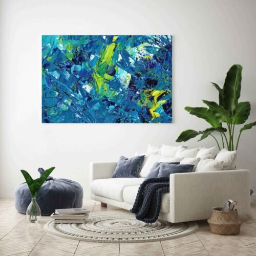 Azure Dreams - Abstract Art. This captivating artwork combines the expressive strokes of acrylic paint to create a mesmerizing and creative composition. The vibrant blue hues evoke a sense of tranquility and artistic brilliance, making it a perfect addition to your home or office. Bring the beauty of abstract creativity to your walls with this stunning canvas print, where every brushstroke tells a unique story.
