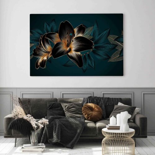 Golden Lilies - Floral Prints. This vintage-inspired luxury seamless floral background, adorned with golden lilies, creates a romantic and sophisticated atmosphere. The intricate pattern serves as a perfect template for wall decor, bringing a touch of opulence to any room. Elevate your surroundings with the beauty of this seamless floral masterpiece, adding a touch of vintage luxury to your home or office.
