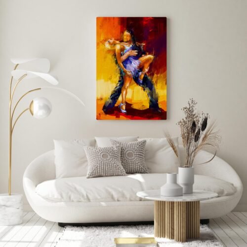 Rumba Dancers Canvas Wall Art - Abstract Dance Wall Decor Perfect for Jazzing Up Modern Homes. This abstract painting beautifully captures the energy and grace of rumba dancers in a mesmerizing display of vibrant colors and dynamic movements. Printed on high-quality canvas, this art piece brings the spirit of the dance into your space, creating a focal point that resonates with elegance and passion. Perfect for dance enthusiasts and those who appreciate the beauty of abstract art, this canvas print is a stunning addition to any room.