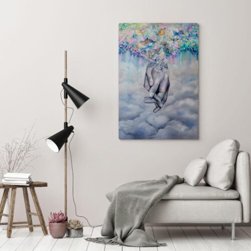 Surreal Tenderness Canvas Prints - Elegant Couples Art - Framed Romantic Oil Painting Replicas for Home Decor. The interplay of male and female hands conveys a powerful message about connection and unity. The modern artwork is crafted in the style of surrealism, adding a touch of intrigue and artistic sophistication to your space. Elevate your home decor with this unique piece that beautifully explores the nuances of love and human connection.