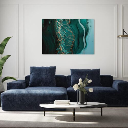 Emerald Waves - Emerald Green and Gold Fluid Abstract Art on Canvas Print, Teal Marble Abstract Painting Print, Modern Luxury Wall Decor