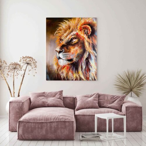 The Lion - Canvas Art Prints. This captivating artwork captures the essence of the king of the jungle in intricate detail and vibrant colors. The close-up view highlights the majestic features of the lion, creating a focal point that exudes strength and beauty. Perfect for wildlife enthusiasts, nature lovers, or anyone looking to infuse their space with the regal spirit of the animal kingdom.