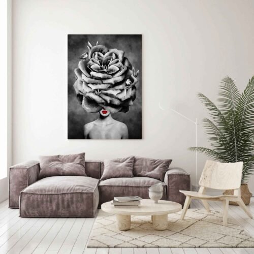 Monochromatic Elegance - Abstract Art. Monochromatic abstract oil painting in black and white, featuring a conceptual depiction of a girl with a rose flower on her head. The artwork uses palette knife techniques and includes colorful splash accents, ideal for wall decoration and interior design.