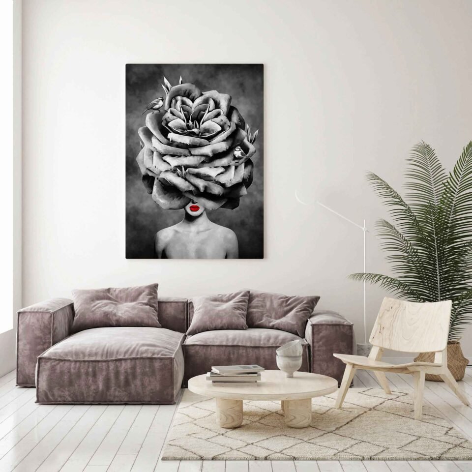 Monochromatic Elegance - Abstract Art. Monochromatic abstract oil painting in black and white, featuring a conceptual depiction of a girl with a rose flower on her head. The artwork uses palette knife techniques and includes colorful splash accents, ideal for wall decoration and interior design.