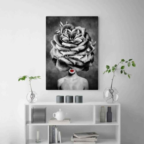 Monochromatic Elegance - Modern Portrait on Canvas Print, Black and White Floral Art, Surrealist Woman with Rose Head Wall Decor