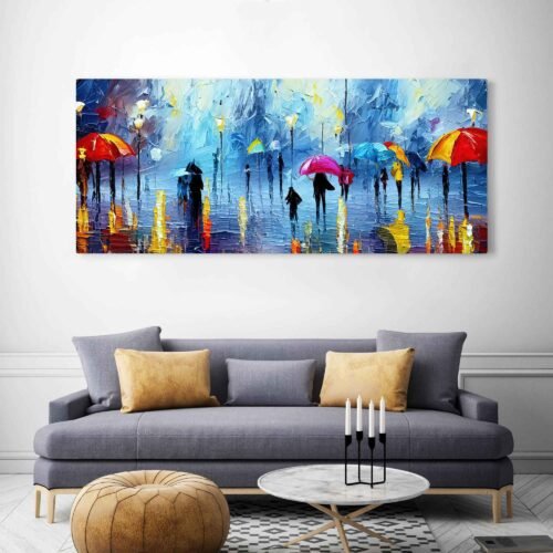 Dancing in the Rain - Wall Art. Immerse yourself in the beauty of this unique artwork that perfectly combines the romance of rain with the vibrancy of abstract expression. This captivating artwork on canvas beautifully captures the essence of people navigating the rain with colorful umbrellas. The artistic blend of colors and intricate details brings a sense of movement and life to your decor.