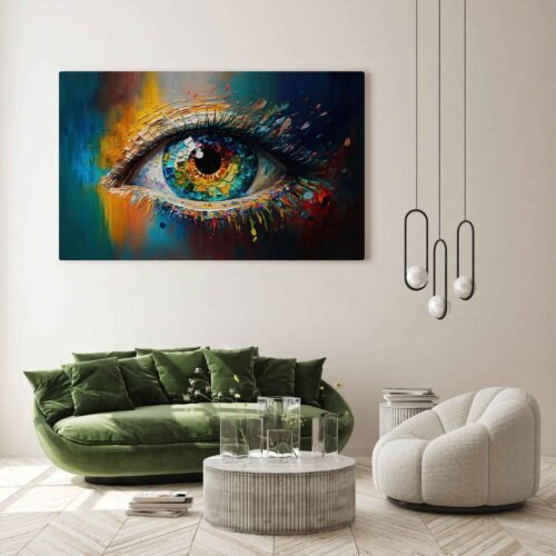 Multicolored Harmony - Abstract Art. Abstract oil portrait painting in vibrant multicolored tones, featuring a closeup of a beautiful girl's eye. The image showcases textured brushstrokes and palette knife techniques on canvas.