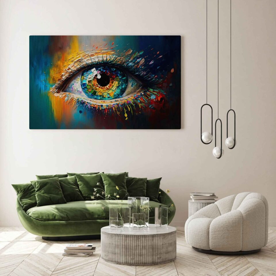 Multicolored Harmony - Abstract Art. Abstract oil portrait painting in vibrant multicolored tones, featuring a closeup of a beautiful girl's eye. The image showcases textured brushstrokes and palette knife techniques on canvas.