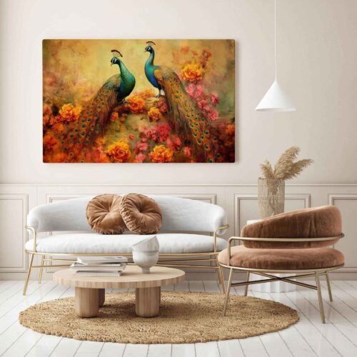 Vintage Peacock - Animal Prints. This canvas print beautifully captures the essence of vintage illustration with intricate floral plants, gracefully adorned branches, and majestic peacocks. The artwork, rendered in a modern art style, combines classic elegance with a touch of contemporary flair. The rich color palette adds vibrancy to any room, making it a stunning focal point for your home or office.