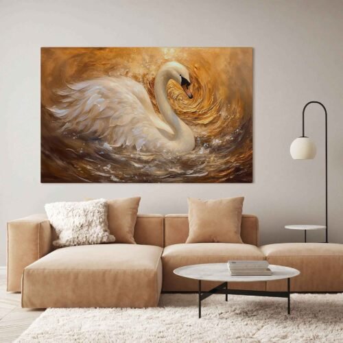 Swan Serenade - Canvas Art Prints. This exquisite oil painting features a graceful swan surrounded by vibrant flowers and delicate gold elements, creating a harmonious composition. The intricate details and rich colors come to life on high-quality canvas, providing a stunning focal point for any room. Immerse yourself in the elegance of this canvas art, where the ethereal beauty of the swan meets the abstract allure of modern art.