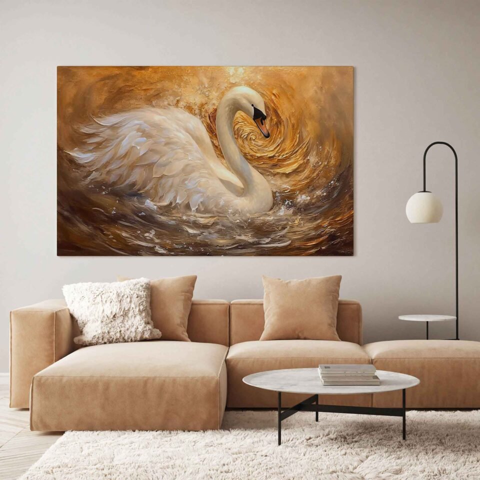 Swan Serenade - Canvas Art Prints. This exquisite oil painting features a graceful swan surrounded by vibrant flowers and delicate gold elements, creating a harmonious composition. The intricate details and rich colors come to life on high-quality canvas, providing a stunning focal point for any room. Immerse yourself in the elegance of this canvas art, where the ethereal beauty of the swan meets the abstract allure of modern art.