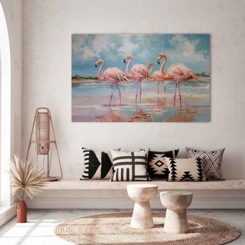 Chic Pink Flamingo - Canvas Prints. This unique artwork features the graceful beauty of flamingos, creating a visually stunning and elegant focal point for your home or office. The vibrant colours and intricate details bring the scene to life, while the use of oil on canvas adds depth and texture to the overall composition. Elevate your decor with this exquisite blend of contemporary style and natural inspiration.