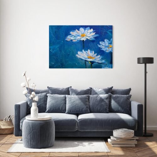 Cheerful Daisies - Floral Wall Art. This exquisite canvas art captures the delicate beauty of daisies in a garden, each print is crafted with meticulous detail and vibrant hues. The artwork brings a touch of tranquility and natural elegance to your living space, making it a perfect addition to any room.