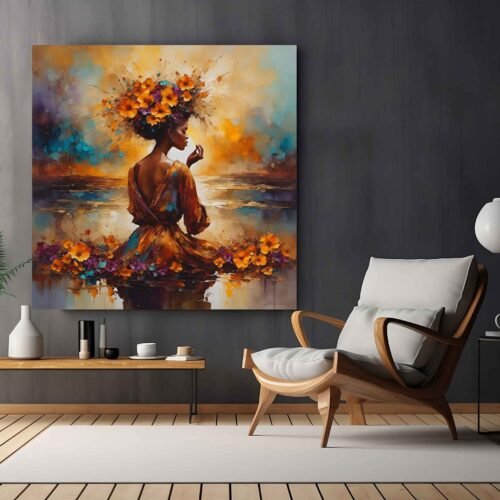 African Woman with Floral Crown Canvas Wall Art – Vibrant Sunset Portrait Print for Modern Home Decor