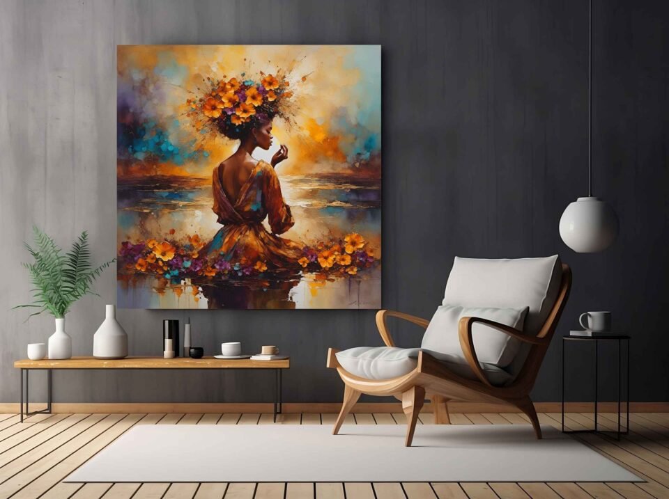 African Woman with Floral Crown Canvas Wall Art – Vibrant Sunset Portrait Print for Modern Home Decor