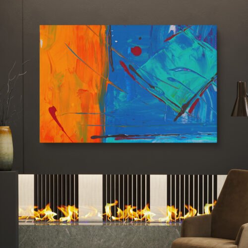 Vibrant Orange & Blue - Abstract Art. Introducing our "Eye-Catching Canvas Art," a stunning piece from a famous art collection. Featuring vibrant orange and blue hues, this abstract design will bring bold, contemporary flair to any space. Perfect for art enthusiasts and modern decor lovers, this print is sure to captivate and enhance your home or office.