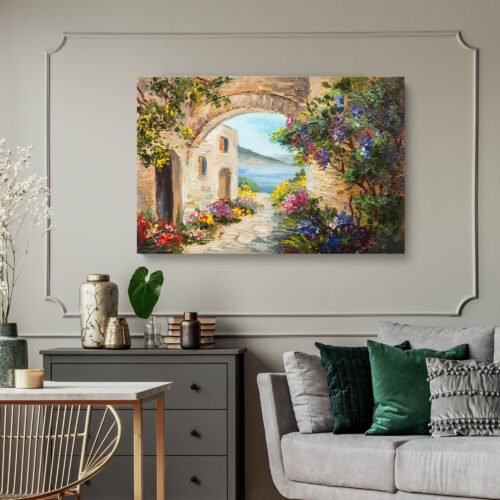 Mediterranean Village Landscape Wall Art Print – Scenic Floral Archway & Seaside View Canvas Transform your space with this **Mediterranean Village Landscape Wall Art Print**. Featuring a scenic floral archway and a breathtaking seaside view, this vibrant canvas captures the charm of coastal Europe, bringing warmth and elegance to any room.