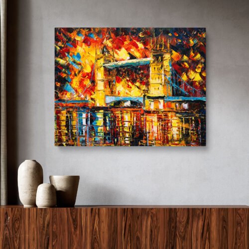 Vibrant Tower Bridge Canvas Wall Art – Abstract London Landmark Wall Art Prints Bring the iconic Tower Bridge to life with this vibrant abstract canvas wall art. Bold colours and expressive brushstrokes capture the essence of London’s famous landmark, making it a striking centerpiece for any space. Perfect for cityscape art lovers!