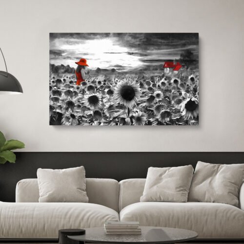 Red Elegance in Sunflower Field - Black and White Canvas Wall Art Prints Enhance your space with **"Red Elegance in Sunflower Field"**, a striking black and white canvas wall art print. Featuring a vibrant red dress and hat amidst a dramatic sunflower landscape, this artwork adds a bold and sophisticated touch to any room.
