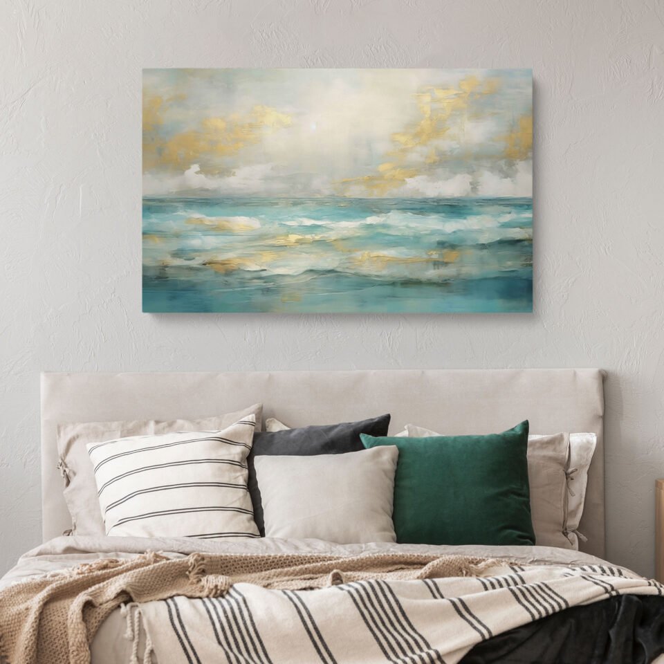 Abstract Gold and Blue Ocean Canvas Wall Art - Image 3