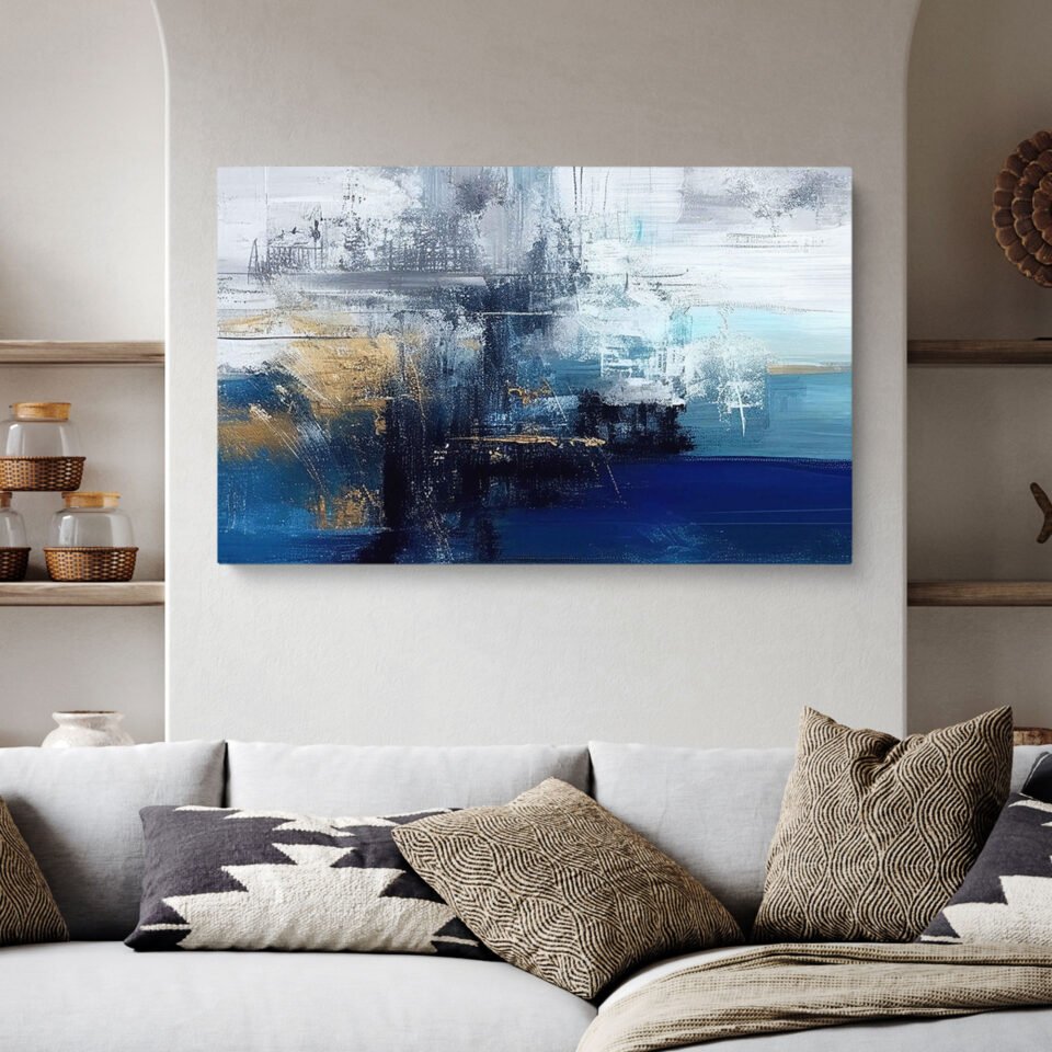 Modern Abstract Blue and Gold Watercolour Canvas Wall Art - Textured Contemporary Artwork for Home and Office Decor Enhance your space with this modern abstract blue and gold watercolour canvas wall art. Featuring rich textures and contemporary design, this stunning piece adds elegance and sophistication to any home or office decor. Perfect for art lovers and stylish interiors.