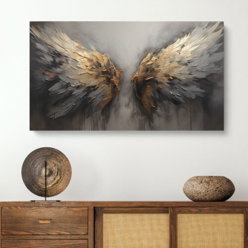 Angel Wings Spiritual Wall Art - Elegant Abstract Wing Artwork for Sacred Decor Elevate your space with this  Spiritual Framed Wall Art. Featuring elegant abstract wings with gold accents, this stunning piece adds a divine and sacred touch to any room. Perfect for spiritual decor, meditation spaces, or serene interiors.