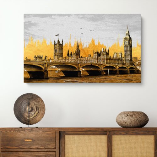 Golden Big Ben and Westminster Bridge Canvas Wall Art - Modern Abstract London Landmark Artwork in Grey and Gold for Elegant Wall Decor Elevate your space with this stunning  Framed Wall Art Print. Featuring a modern abstract design in grey and gold, this elegant London landmark painting adds sophistication and charm to any home or office décor.
