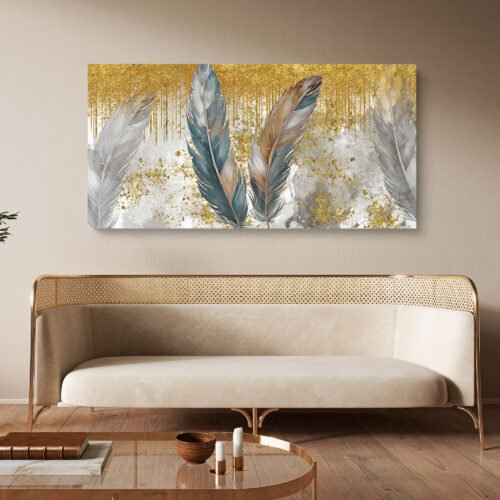 Gold and Blue Feather Large Wall Art – Modern Watercolour Abstract Artwork for Wall Decor Enhance your space with this elegant gold and blue feather canvas wall art. Featuring a modern watercolour abstract design with decorative golden lines, this stunning painting adds a touch of sophistication and style to any home or office decor.