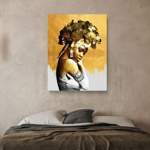 Golden African Woman Canvas Wall Art – Elegant Black and Gold Portrait Artwork Enhance your space with this Framed Canvas Art Print, featuring an elegant black and gold portrait. A modern abstract masterpiece, perfect for adding sophistication and cultural charm to any home or office décor.
