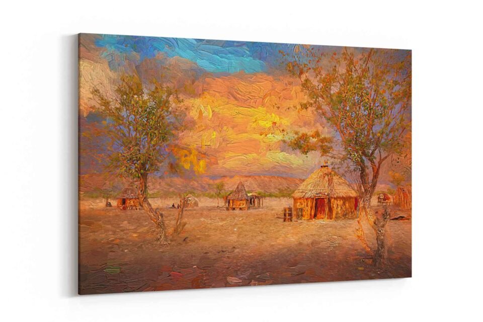 Golden Twilight in Himba Village – African Art - Tribal Life on Canvas Wall Art Print Experience the warmth of Golden Twilight in Himba Village with this stunning canvas wall art. Featuring an oil painting reproduction of a traditional Himba hut bathed in evening light, this piece captures the beauty of African tribal life and culture.