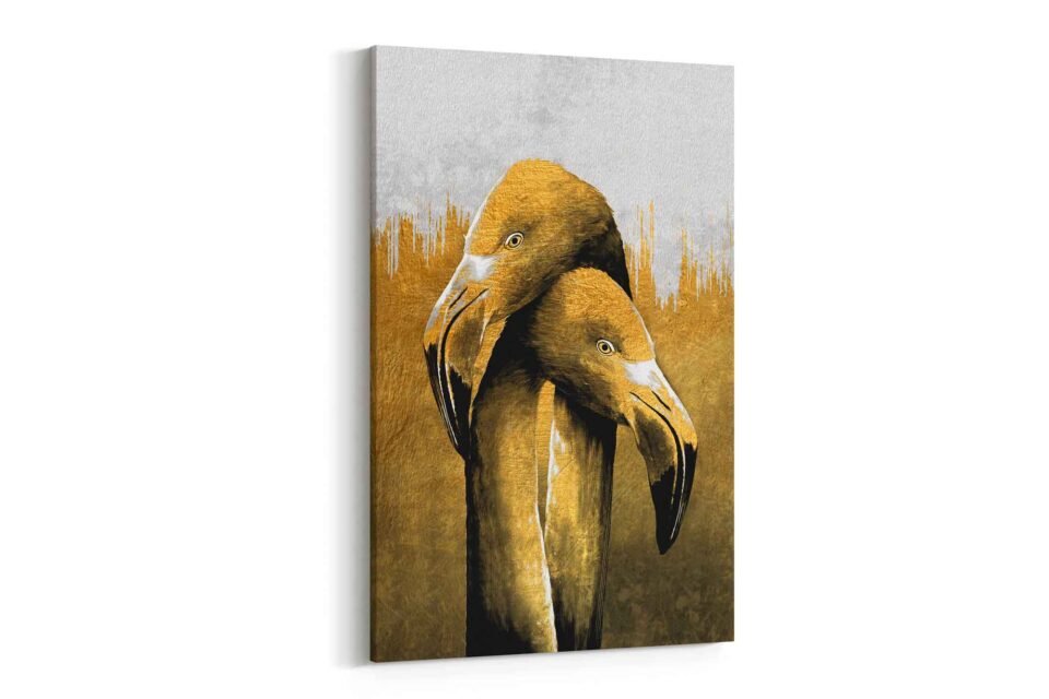 Golden Flamingo Elegance - Abstract Grey & Gold Canvas Wall Art for Stylish Decor. Add a touch of elegance with **Golden Flamingo Elegance**—a stunning abstract canvas featuring two graceful flamingos in gold against a textured grey backdrop. Perfect for modern and stylish home decor!